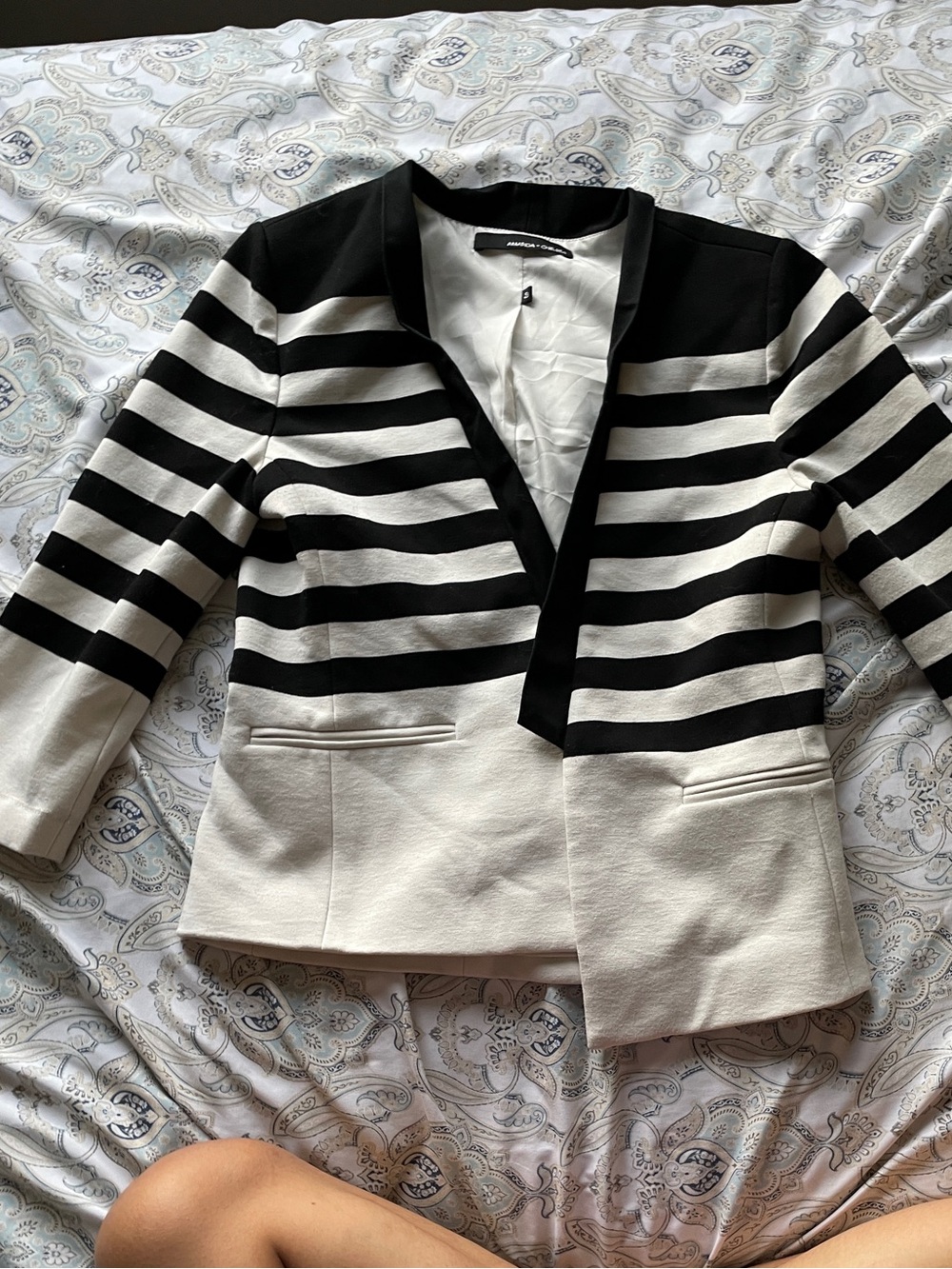 Women's Black and White Striped Open-Front Jacket